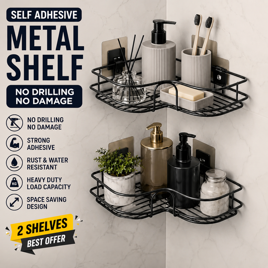 Metal Corner Shelf Rack | Self Adhesive Wall Mounted Storage Organizer for Bathroom & Kitchen