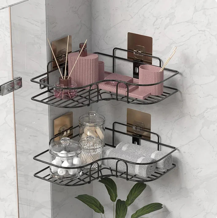 Metal Corner Shelf Rack | Self Adhesive Wall Mounted Storage Organizer for Bathroom & Kitchen