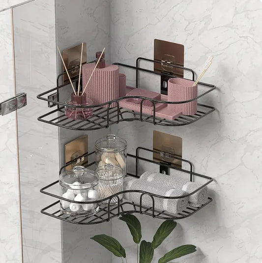 Metal Corner Shelf Rack | Self Adhesive Wall Mounted Storage Organizer for Bathroom & Kitchen