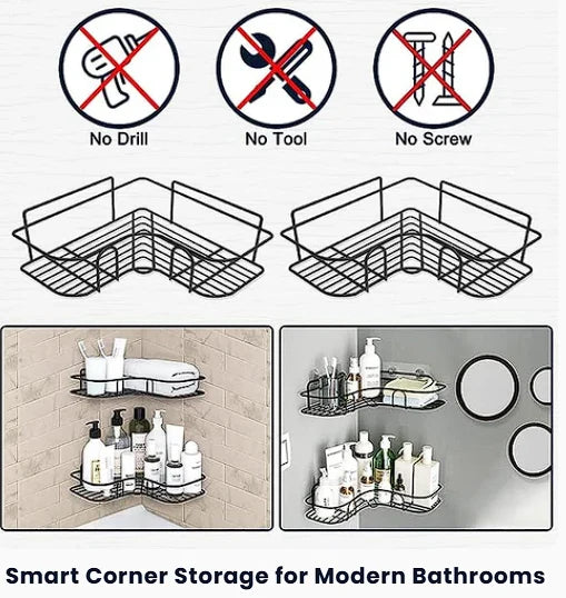 Metal Corner Shelf Rack | Self Adhesive Wall Mounted Storage Organizer for Bathroom & Kitchen