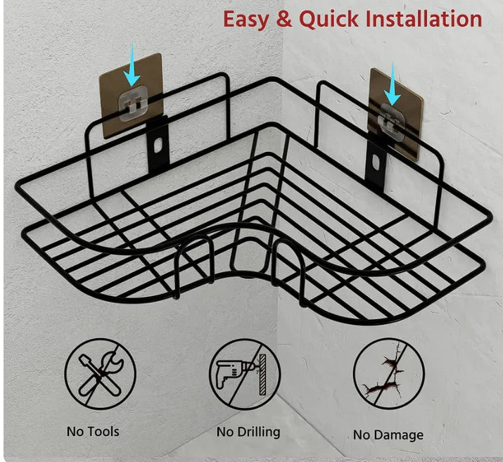 Metal Corner Shelf Rack | Self Adhesive Wall Mounted Storage Organizer for Bathroom & Kitchen