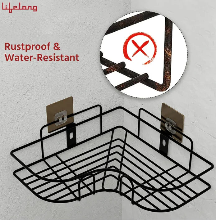 Metal Corner Shelf Rack | Self Adhesive Wall Mounted Storage Organizer for Bathroom & Kitchen